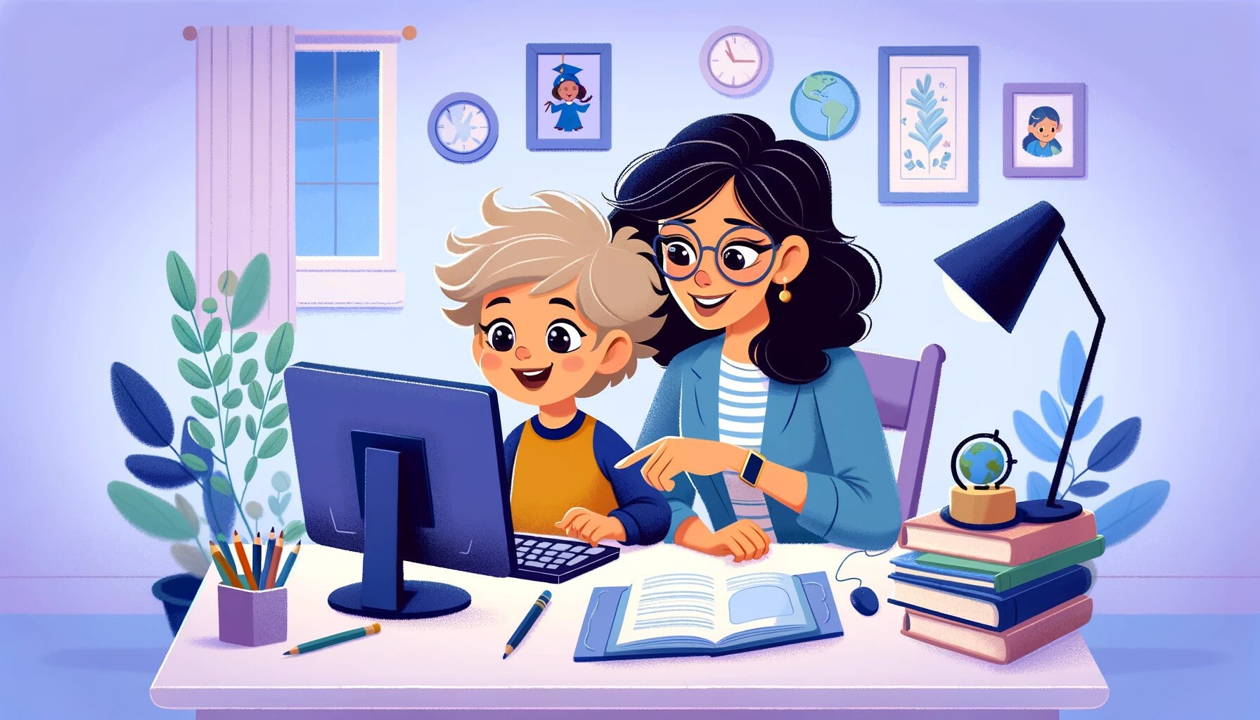 Mama z dzieckiem korzystają z komputera - ilustracja