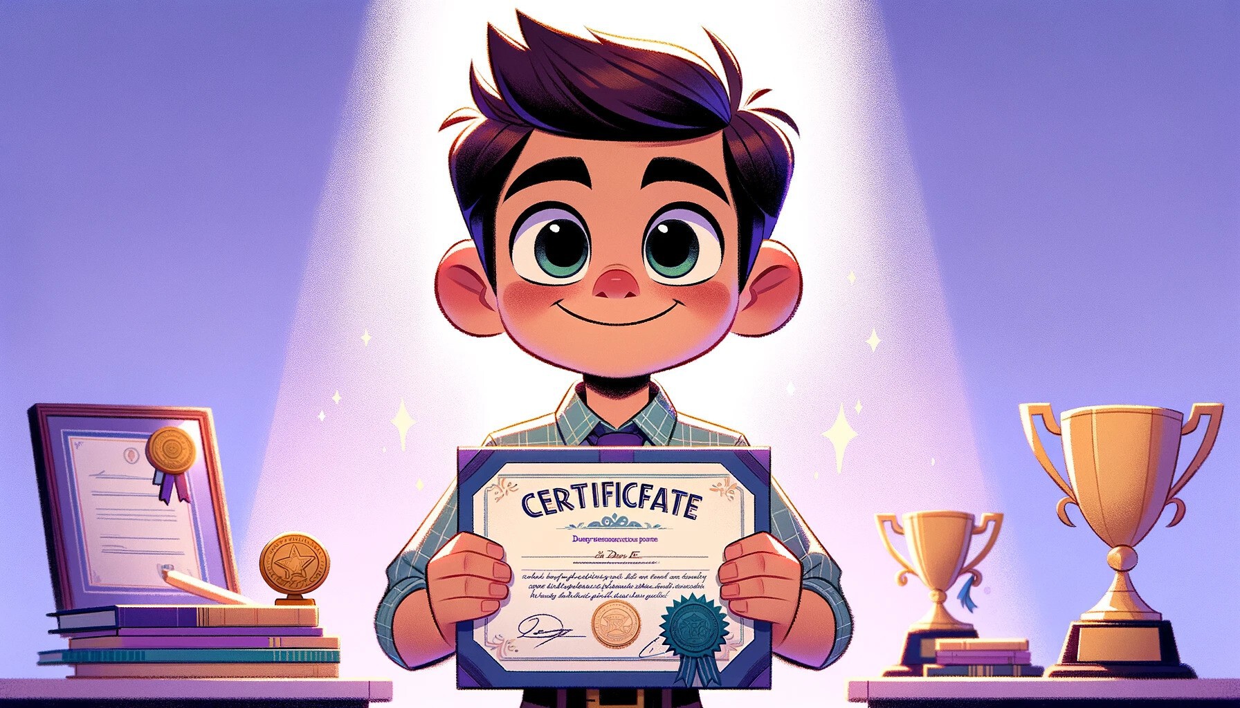 Chłopiec trzyma certyfikat z angielskiego - ilustracja