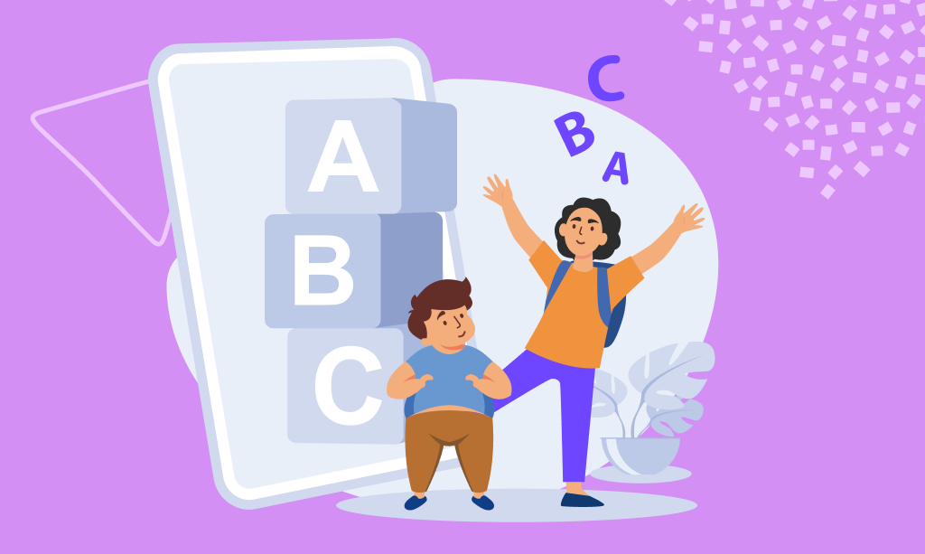 Dzieci z literami A, B, C, nauka angielskiego, ilustracja
