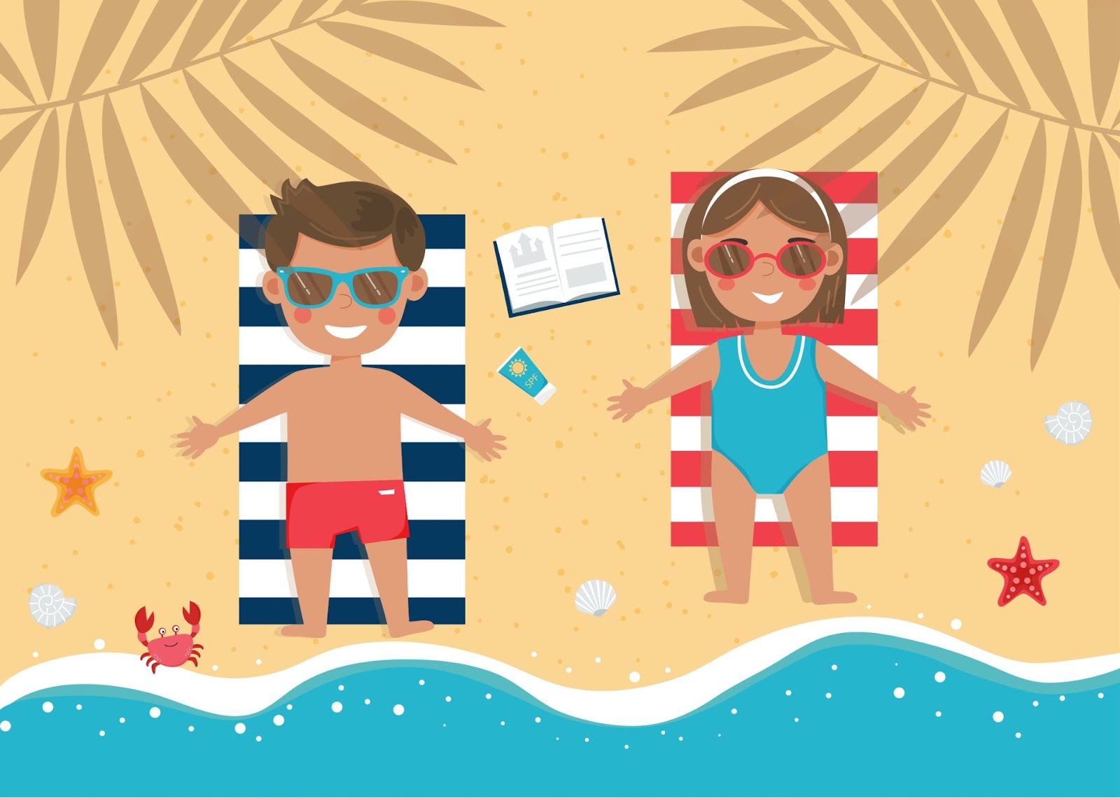 Dzieci leżą na plaży. Chłopiec i dziewczynka opalają się. Czas letni, wakacje. Ilustracja wektorowa.