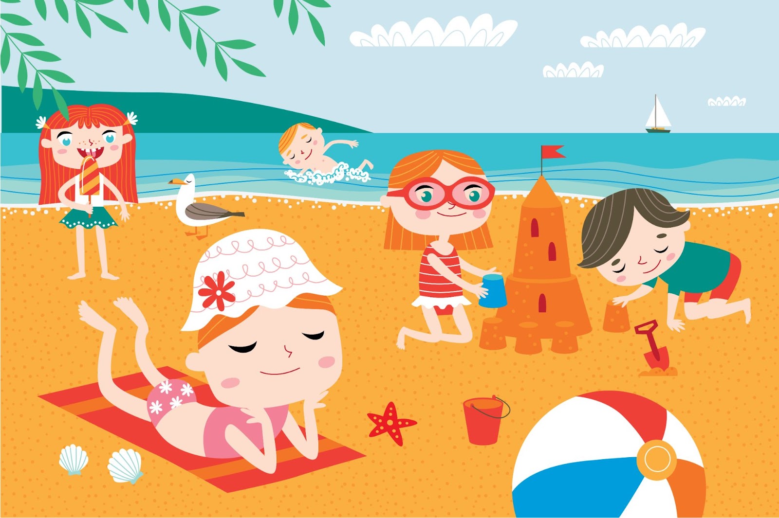 Happy dzieci na plaży, grając w gry, czas letni, ilustracja