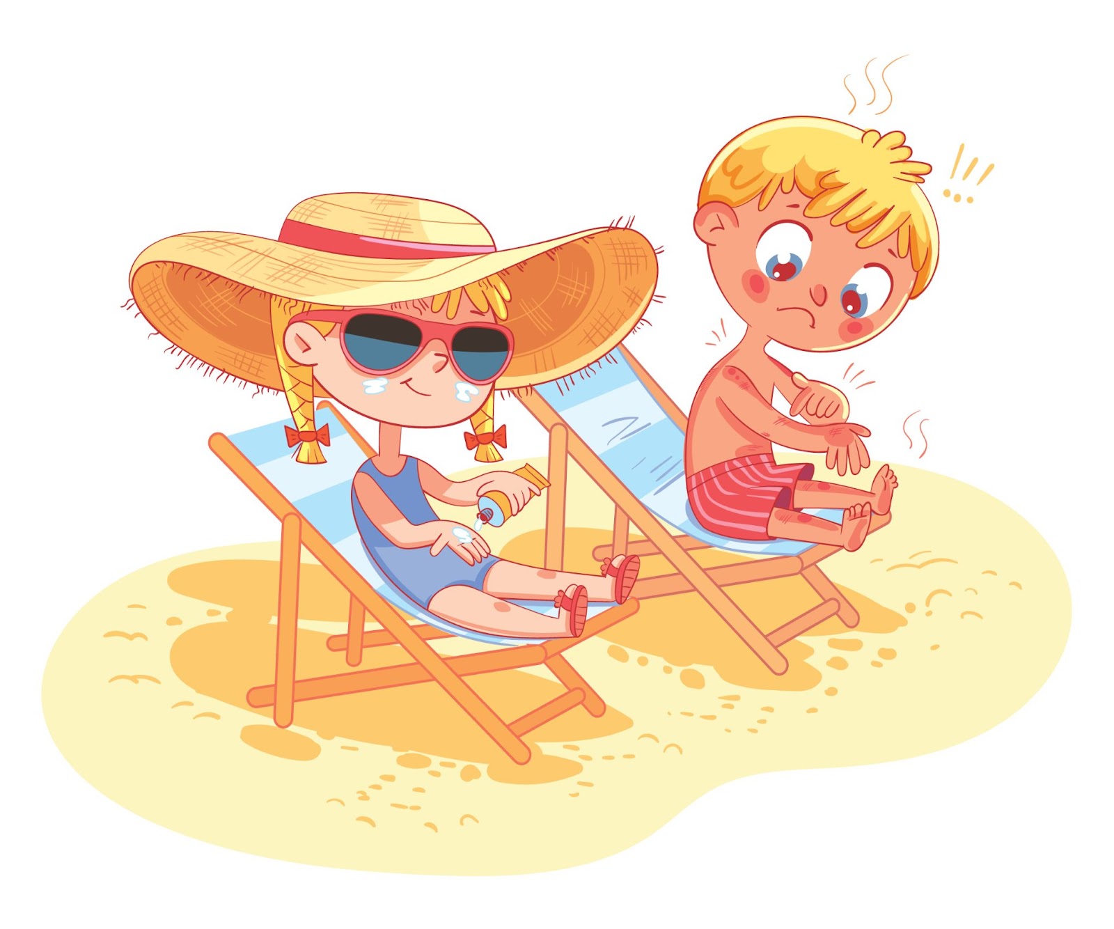 dziewczynka i chłopiec na plaży; pielęgnacja skóry dla dzieci latem, ilustracja