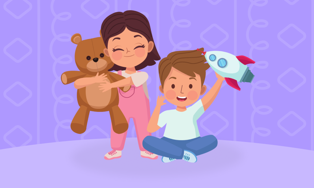 Młody chłopiec i dziewczynka, zabawki, kolorowa ilustracja