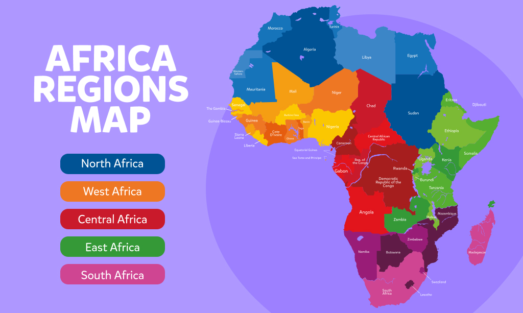 Mapa afryki, z podziałem na regiony - ilustracja