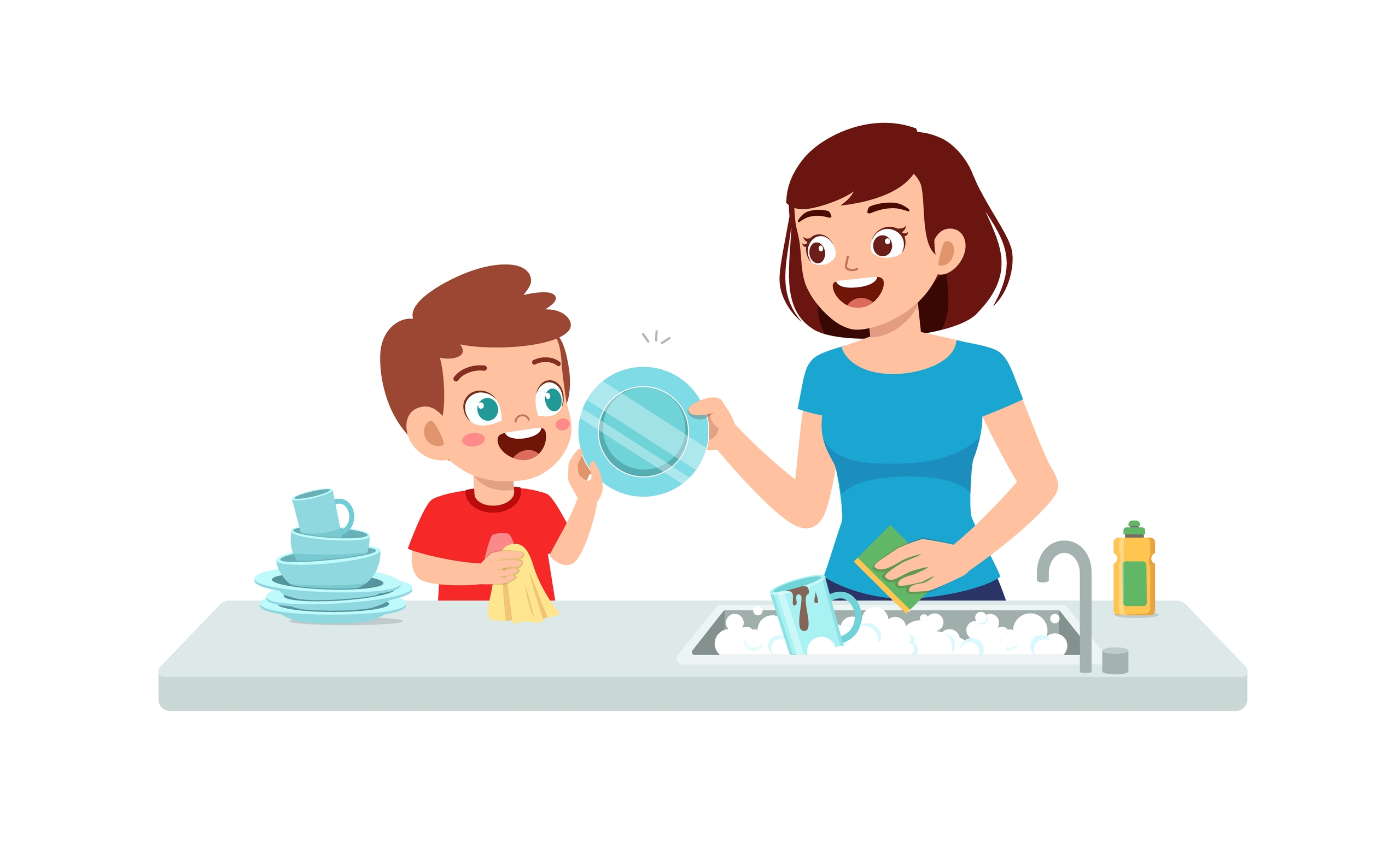 Syn pomaga mamie zmywać naczynia - ilustracja