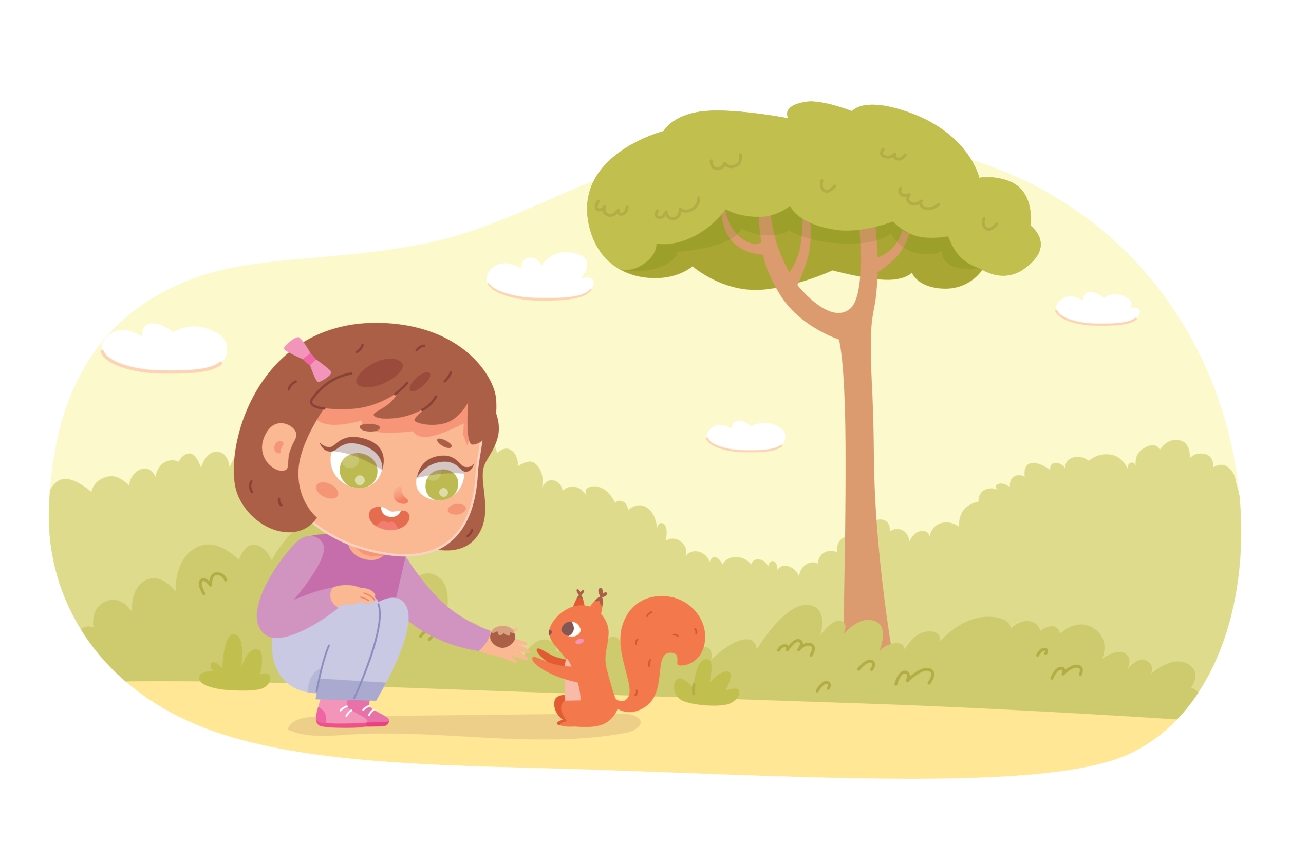 dziewczynka karmi wiewiórkę - ilustracja