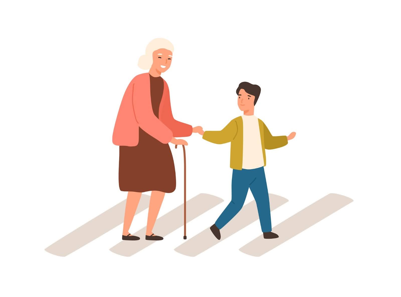 Chłopiec pomaga starszej kobiecie przejść przez drogę - ilustracja