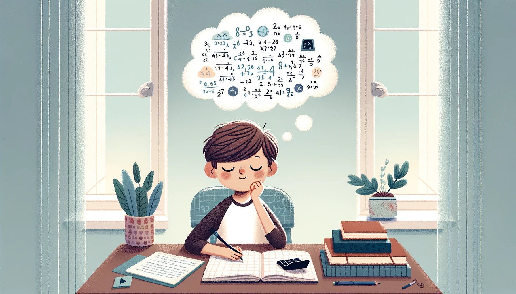 Chłopiec rozwiązuje matematyczne zagadki - ilustracja