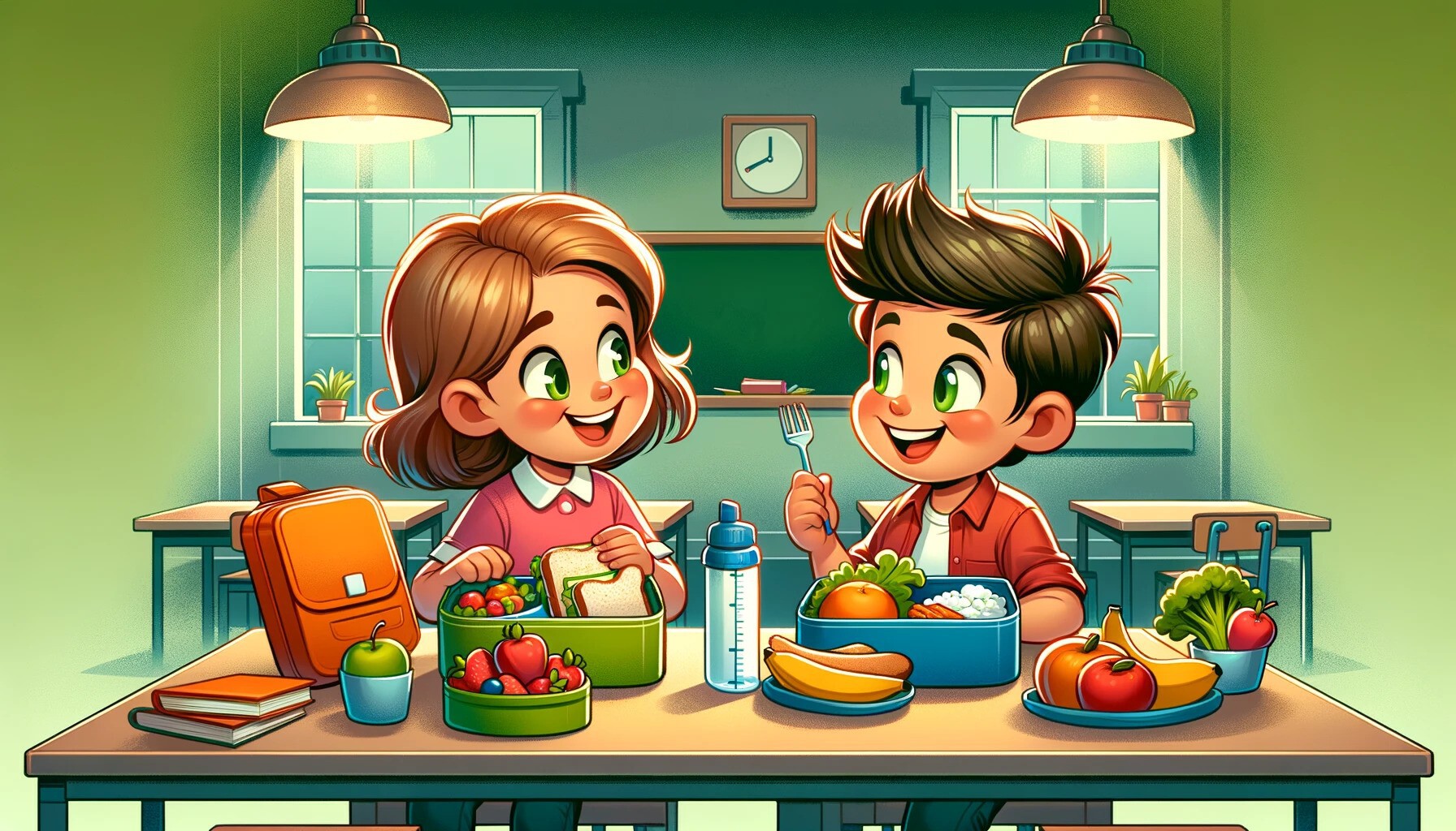Dzieci jedzą zdrowy posiłek w szkole - ilustracja