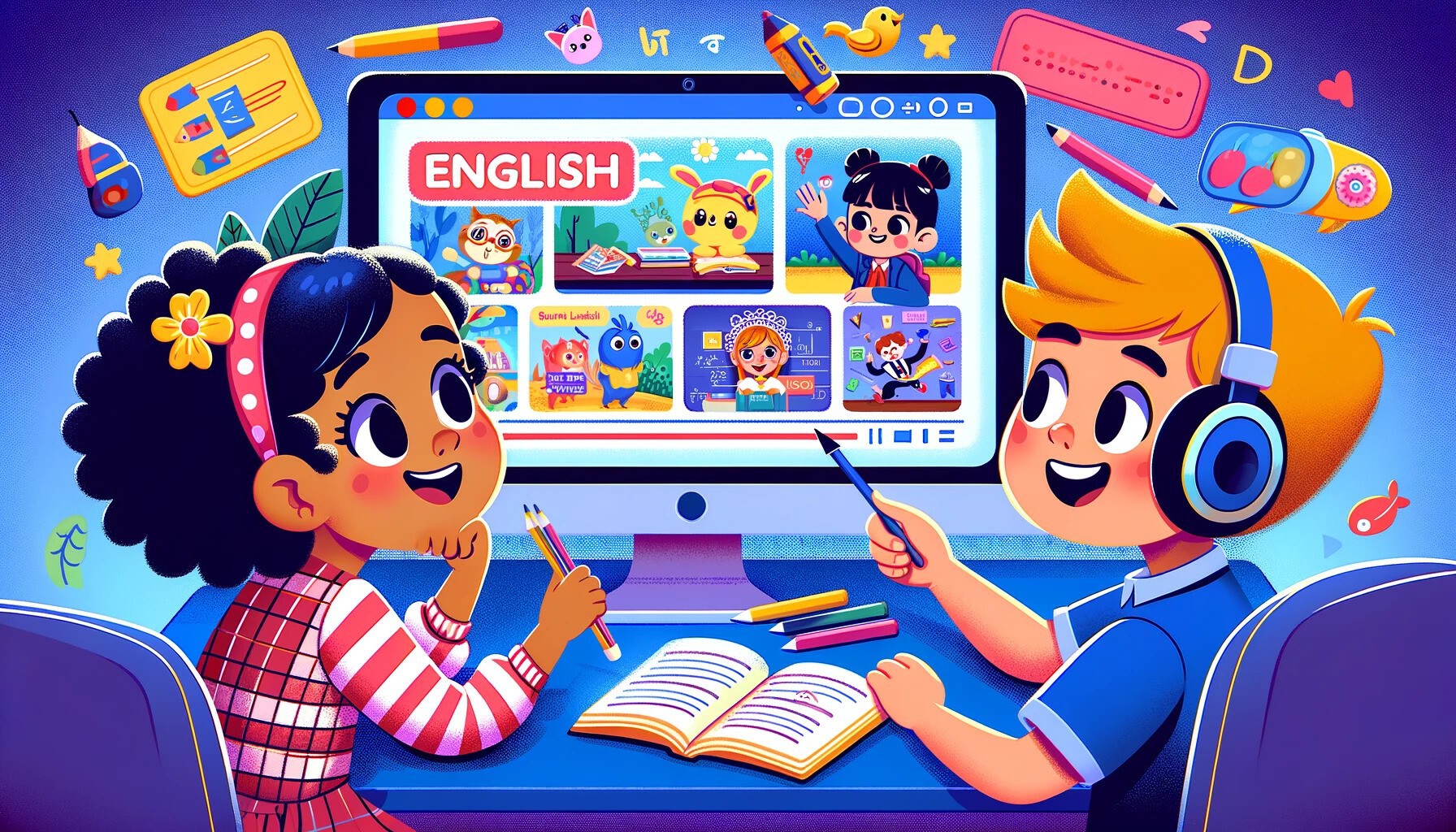 Dzieci uczą się angielskiego z filmików w internecie - ilustracja