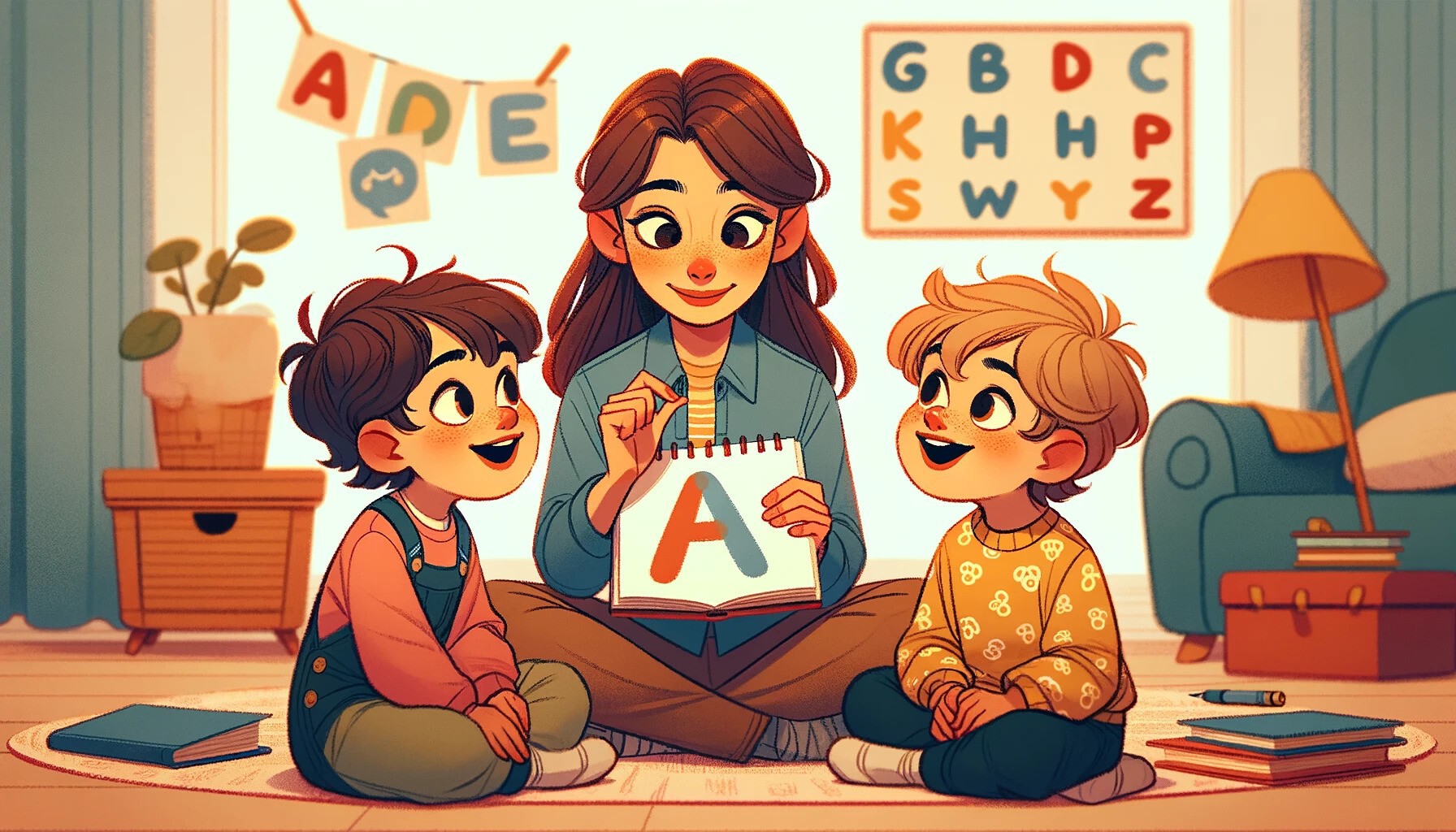 Mama ćwiczy wymowę alfabetu angielskiego z dziećmi - ilustraja