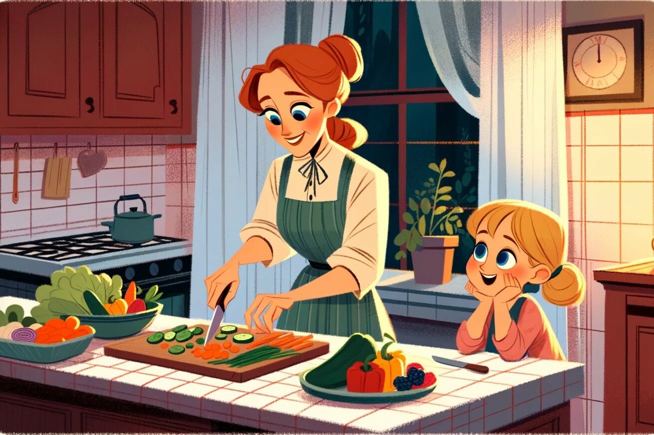 Mama szykuje zdrowy posiłek dla córki - ilustracja
