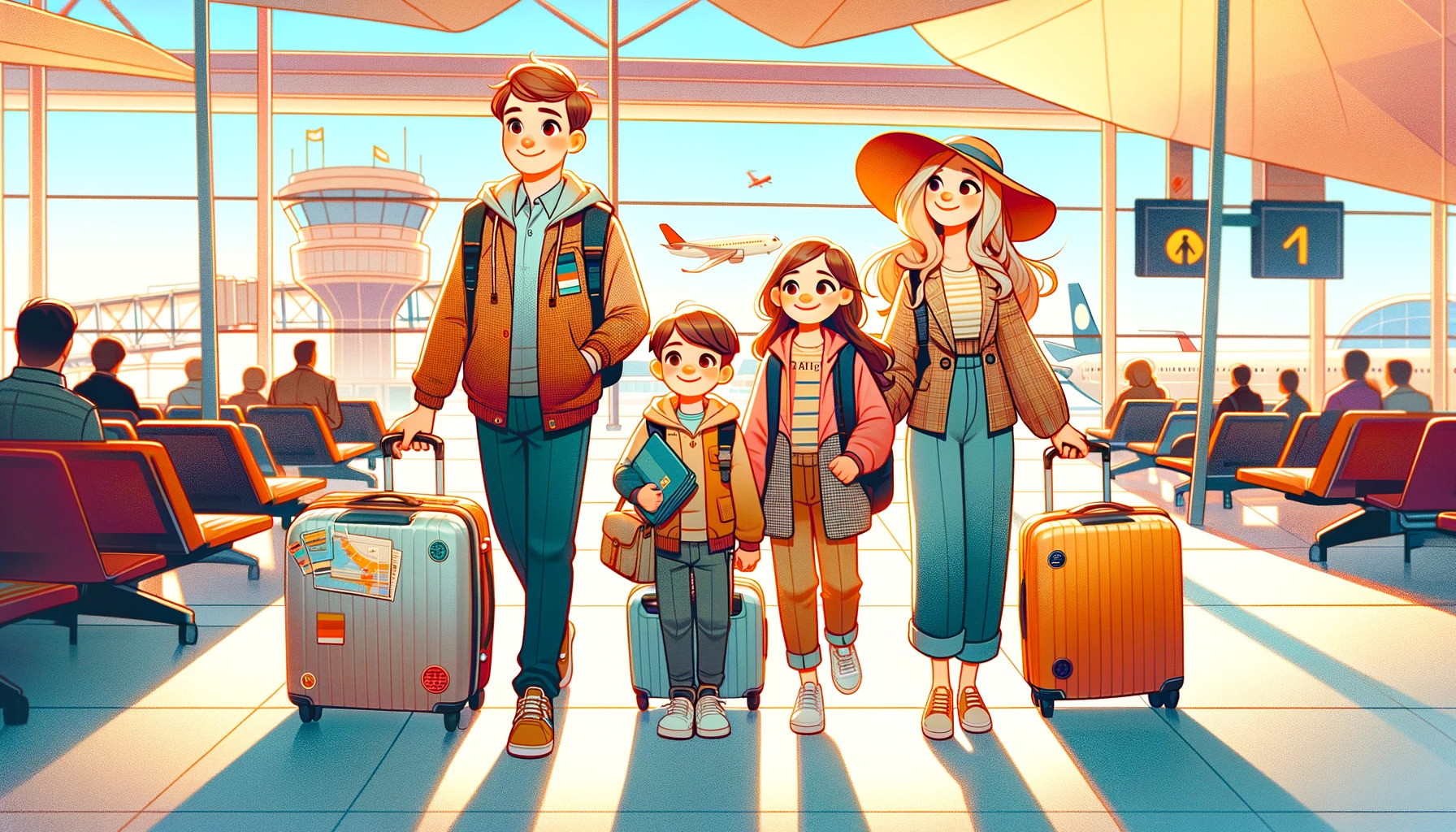 Rodzina na lotnisku - ilustracja