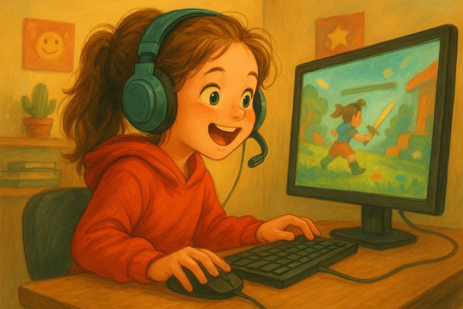 Dziewczynka gra na komputerze i uczy się języka - ilustracja