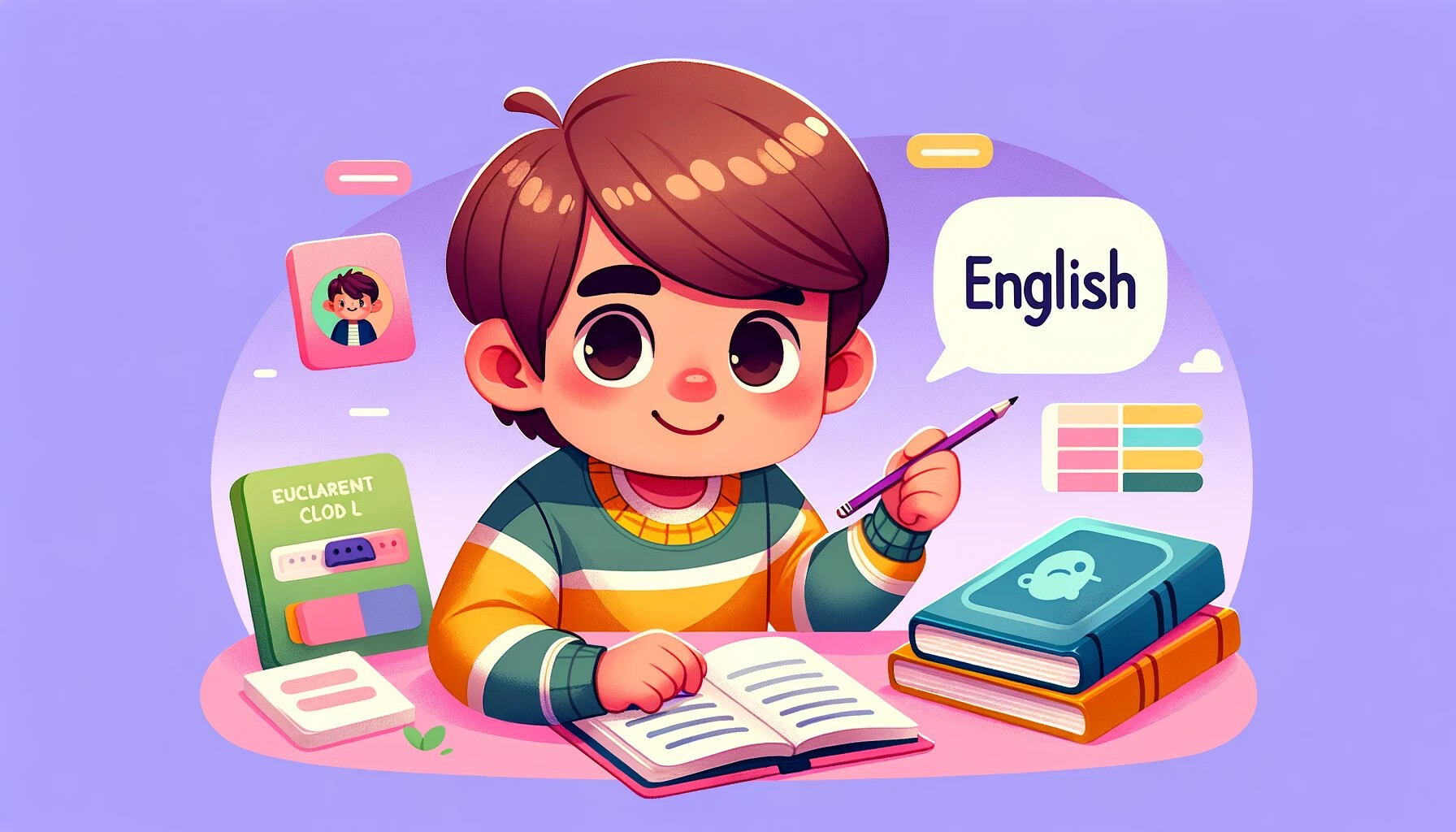 Chłopiec uczy się angielskiego - ilustracja