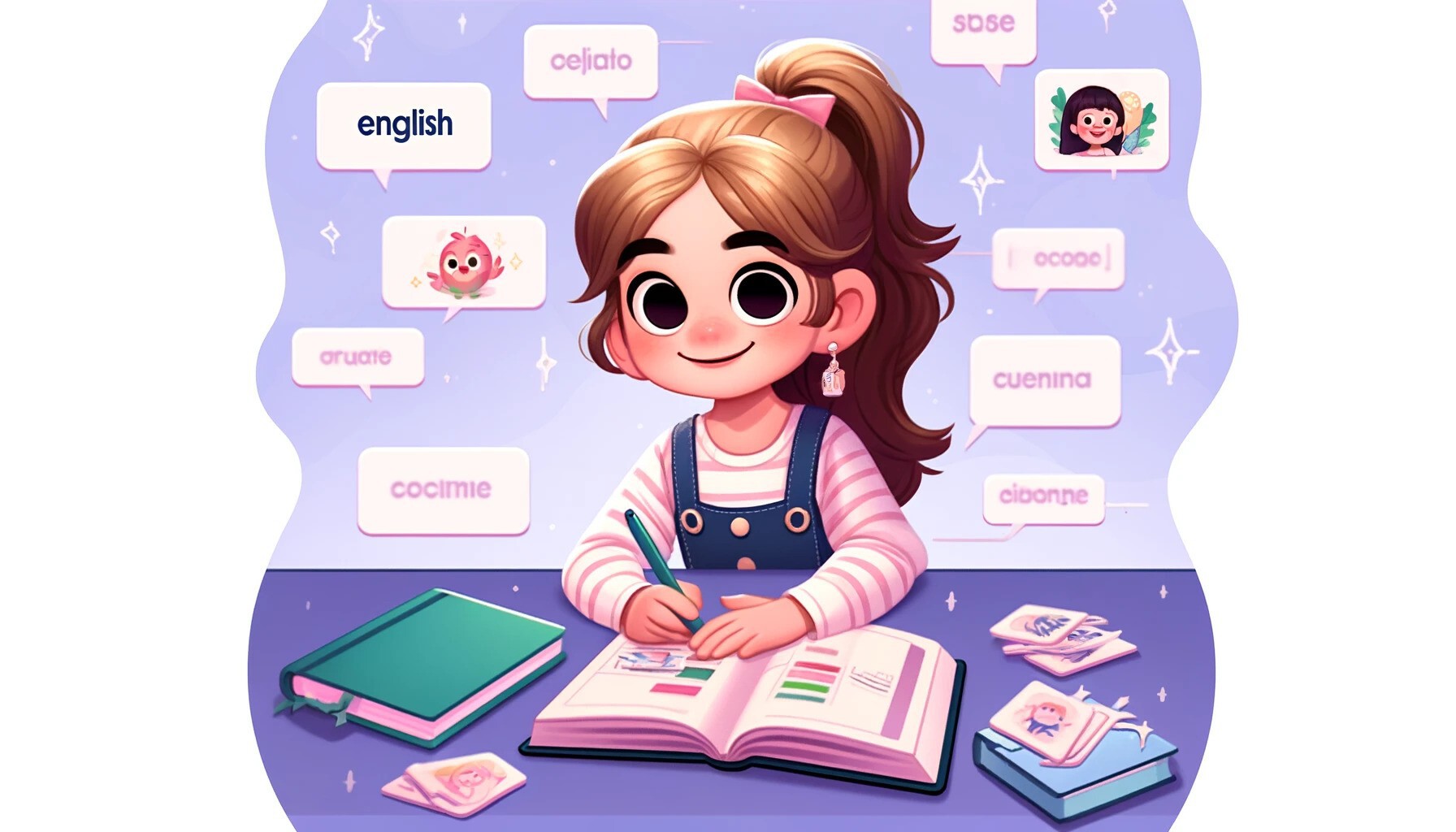 Dziewczynka uczy się angielskiego - ilustracja